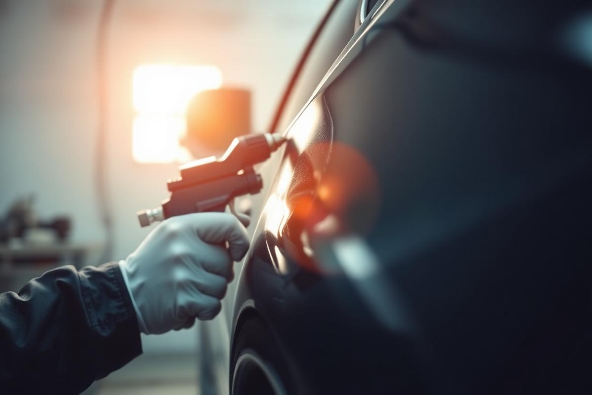 Painter applying glossy paint to a car panel with a spray gun